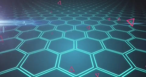 Animation of pink triangles over network of blue neon hexagons Stock Footage 241405177