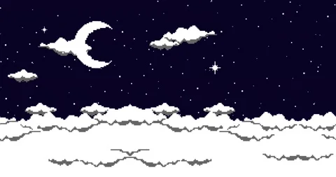 Animation of pixel art  moon and stars and clouds. 8bit vector game loop. Vídeo Stock 148199435