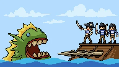 Animation pixel art pirate fight monster cartoon loop Stock Footage