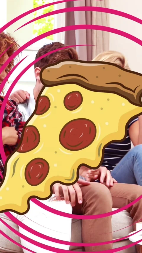 Animation of pizza slice in circles and happy diverse friends eating pizza and Stock Footage 342594224