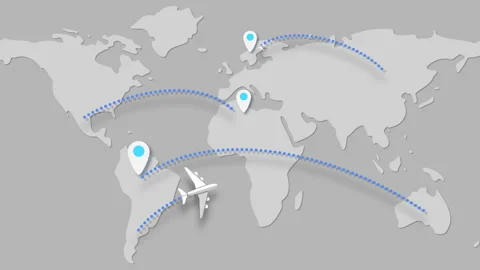 Animation plane flying on the world's map leaving a trail behind  Stock Footage 141630827