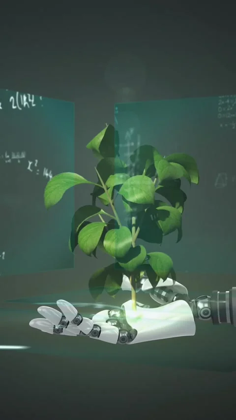 Animation of plant over robot's arm and data processing on screens Stock Footage 344613851