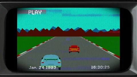 Animation of play digital interface over screen with car race game in background Video stock 196319011