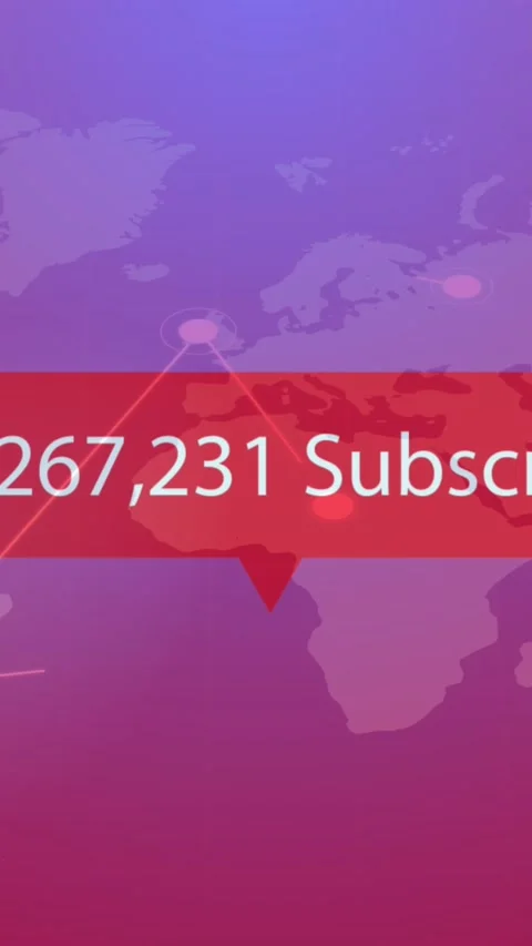 Animation of play icon with increasing subscribers over world map against purple Stock Footage 344693775
