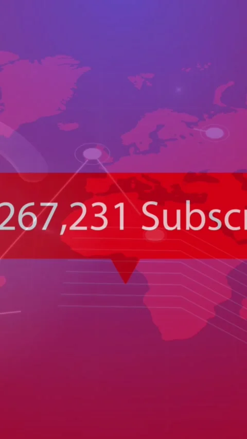 Animation of play icon with increasing subscribers over world map against purple Stock Footage 344723465
