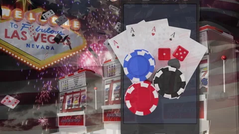 Animation of playing cards, playing chips and dice over las vegas casino sign Stock Footage