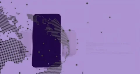 Animation playing phone centering while dotted globe rotating and code scrolling Stock Footage 330462830