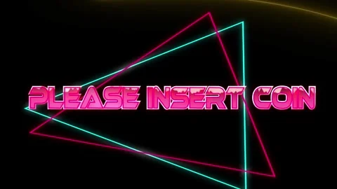 Animation of please insert coin pink text with triangular shapes against black Stock Footage 329774914