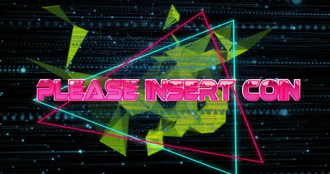 Animation of please insert coin text over neon pattern background Stock Footage 307737861