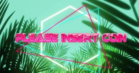 Animation of please insert coin text over neon pattern background Stock Footage 308769477