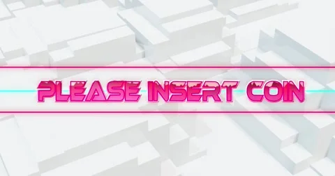 Animation of please insert coin text banner against 3d concentric shapes in Stock Footage 328648848