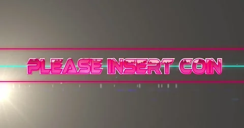 Animation of please insert coin text and shapes over light spots on black Stock Footage 329289276