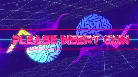 Animation of please insert coin text banner and abstract shapes in seamless Stock Footage 329771787