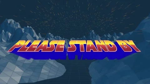 Animation of please stand by over metaverse landscape on navy background Stock Footage 316664827