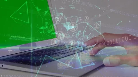 Animation of plexus network floating over mid section of person using laptop Stock Footage 328079898