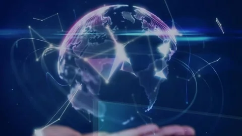 Animation of plexus network forming a globe spinning over cupped hands against Stock Footage 326038458