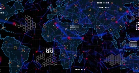 Animation of plexus networks and data processing over world map against black Stock Footage 232547065