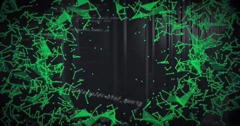 Animation of plexus networks and data processing against computer server room Stock Footage 329711001
