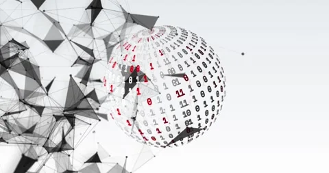Animation of plexus networks and globe of binary coding spinning against grey Stock Footage 326038876