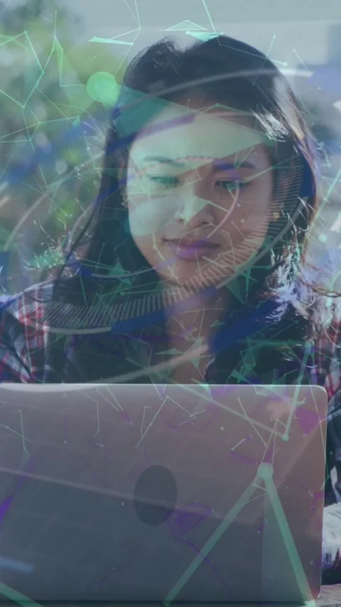 Animation of plexus networks and round scanner over asian woman using a laptop Stock Footage 344614061