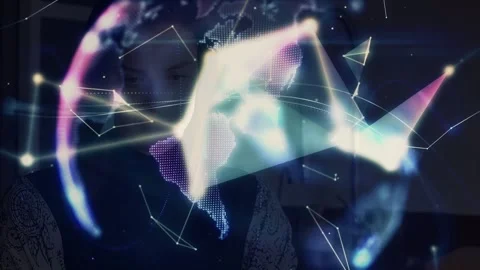 Animation of plexus networks forming a globe against caucasian woman using a Stock Footage 326763673