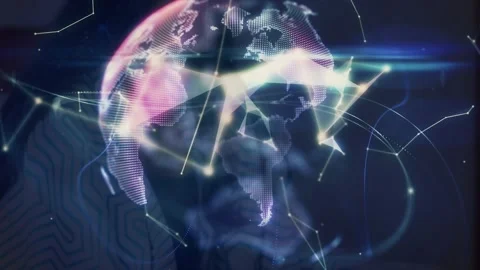 Animation of plexus networks forming a globe against close up of a woman Stock Footage 327125716
