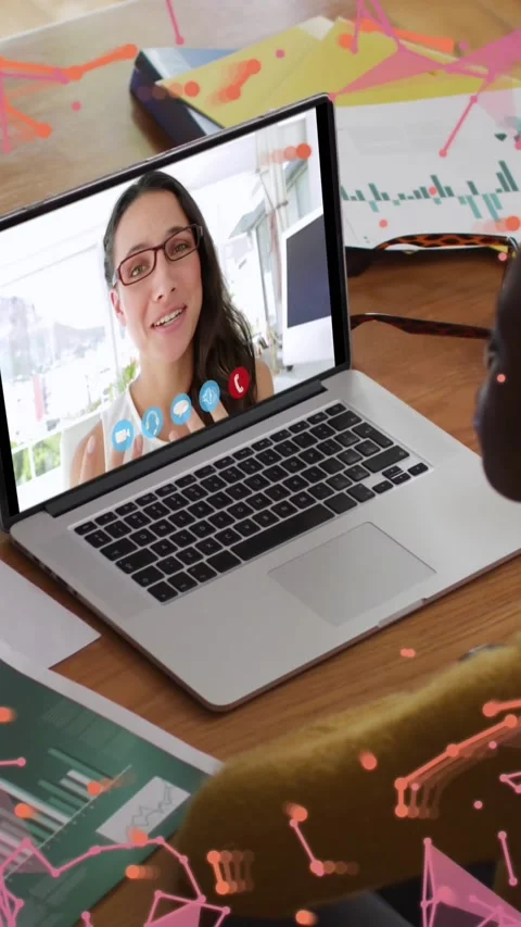 Animation of plexus networks over african american woman having a video call on Video stock 343779103