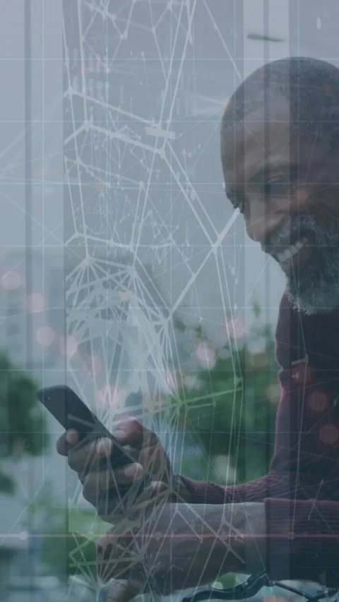 Animation of plexus networks over african american man with bicycle using Stock Footage 344613954