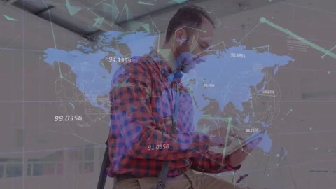 Animation of plexus networks over world map against biracial man using digital t Stock Footage 244310822