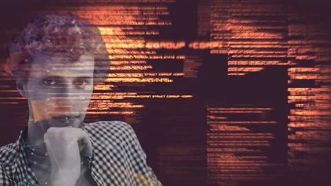 Animation of portrait of man over orange glowing data processing Stock Footage 146931904