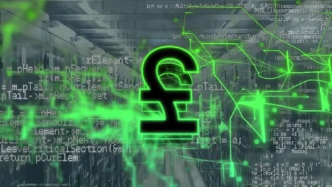 Animation of pound symbol, computer language and abstract pattern over server Stock Footage 249679696
