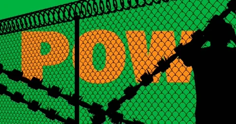 Animation of pow text with barbed wire and man silhouette on transparent Stock Footage 318202993