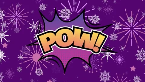 Animation of pow text over retro speech bubble and purple star pattern Stock Footage 241716337