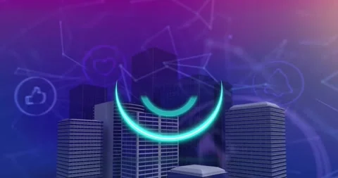 Animation of power push button in circles, icon and connected dots over modern Stock Footage 329124013