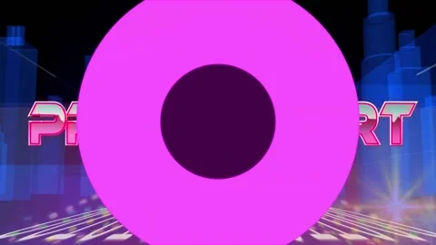 Animation of press start text in metallic pink letters over cityscape and binary Stock Footage 157345122