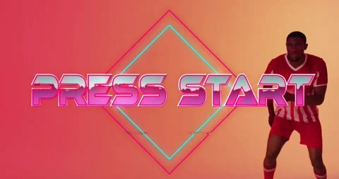 Animation of press start text, neon pattern african american football player Stock Footage 328015630