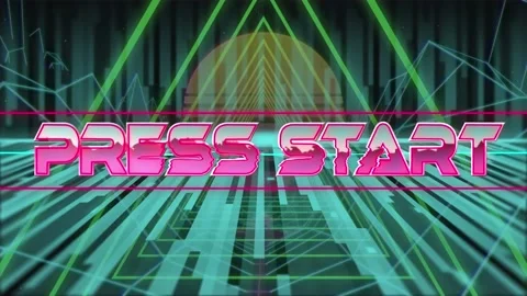 Animation of press start text over green glowing triangles Stock Footage 231725360