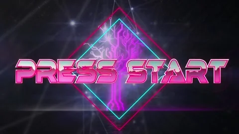 Animation of press start text over microprocessor connections against glowing Stock Footage 234947908