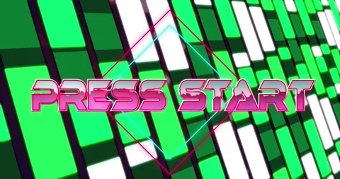 Animation of press start text over rhombuses against illuminated rectangles in Stock Footage 327956632