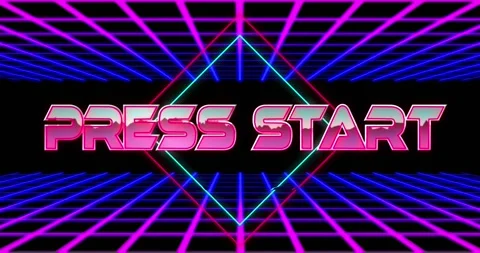 Animation of press start text over gradient grid network in seamless pattern on Stock Footage 329771624