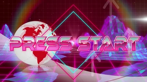 Animation of press start text over rotating globe and grid pattern moving amidst Stock Footage 331067349