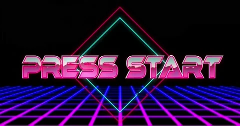 Animation of press start text in pink metallic letters over neon lights Stock Footage 214591090