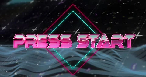 Animation of press start text on rhombuses and wave pattern over black Video stock 249794702