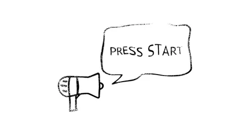 Animation of PRESS START title appearing on megaphone with speech bubble style Stock Footage 153844405