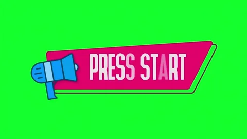 Animation of PRESS START title appearing on megaphone with speech bubble style Vidéo 153857093