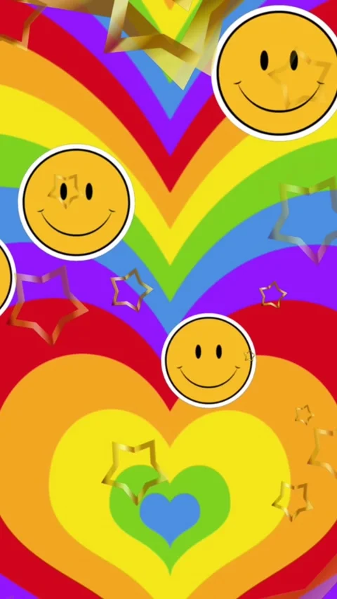 Animation of pride lgbtq, smiley faces and stars falling over rainbow heart Vídeo Stock 344693452