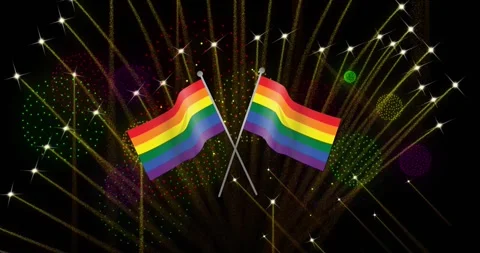 Animation of pride rainbow flags and fireworks exploding on black background 動画素材 328403029