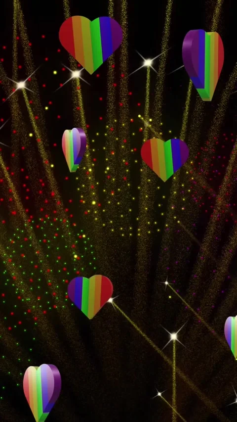 Animation of pride rainbow hearts and fireworks exploding on black background Stock Footage 323899477