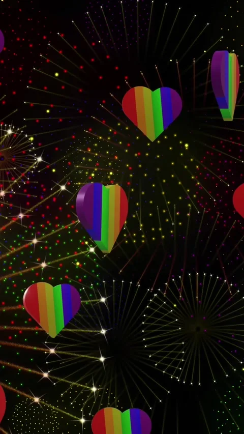 Animation of pride rainbow hearts and fireworks exploding on black background Stock Footage 323899482