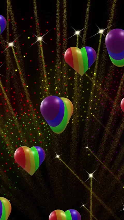 Animation of pride rainbow hearts and fireworks exploding on black background Stock Footage 323899485